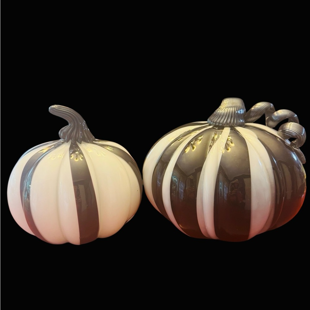 Tahari Striped Black and White Glass Pumpkin set of 2